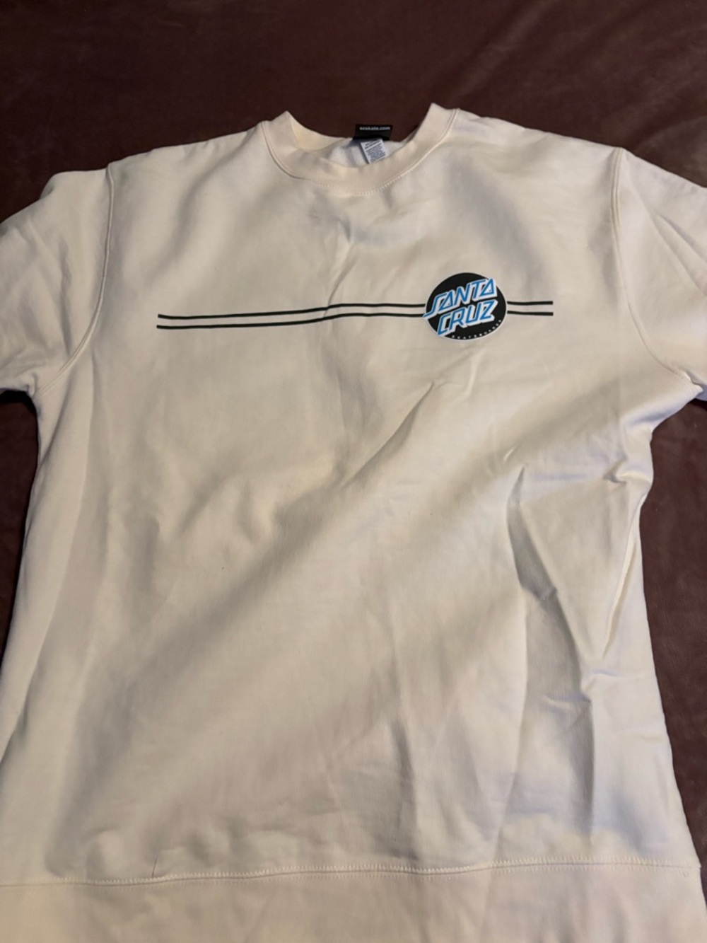 Santa Cruz Skateboards Cream Crewneck Sweatshirt with Black Stripe and Blue Logo